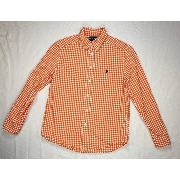 Ralph Lauren Button Up Shirt Boys Size Medium 10/12 Orange Check Long Sleeve - Picture 2 of 8